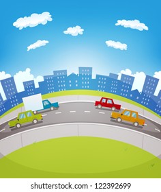 Cartoon Urban Traffic/ Illustration of a cartoon urban highway traffic in the city with cars and trucks driving along the road
