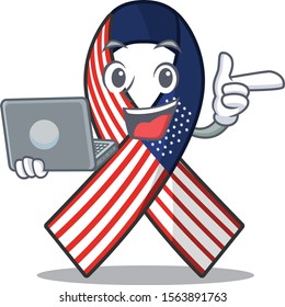 Cartoon usa ribbon with the with bring laptop character
