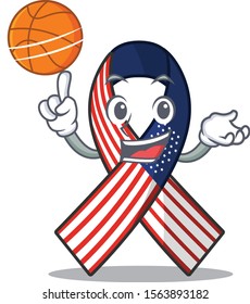Cartoon usa ribbon with the holding basketball character