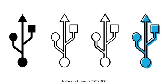 Icono usb de dibujos animados o pictograma de stick usb. Una línea está conectada con un círculo y en el otro círculo lateral, triángulo y cuadrado, es el símbolo que indica un puerto USB o un dispositivo USB. Memoria digital.