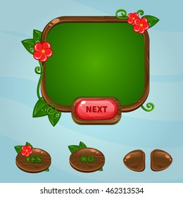 Cartoon user interface. Wood button and red flowers. Gui design