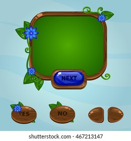 Cartoon user interface. Wood button and red flowers. Gui design.