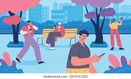 Cartoon users phones in city park. People with smartphones walk down street, chat, selfie and video chats outdoor, vector illustration