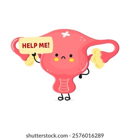 Cartoon uterus character holds a help sign expressing a need for assistance in a humorous way