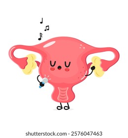 Cartoon uterus character singing happily with musical notes and a microphone in a playful setting