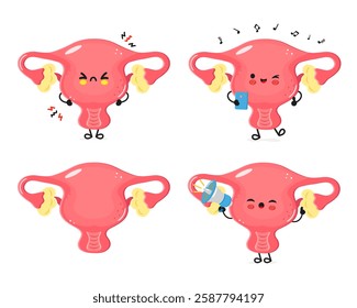 Cartoon Uterus characters with diverse emotions and actions on white background