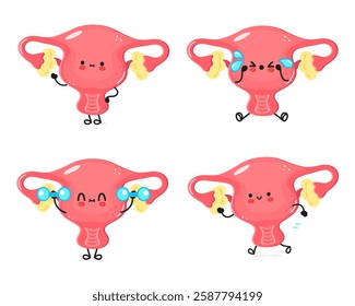 Cartoon Uterus characters in various playful expressions and activities