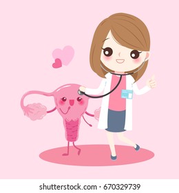 cartoon uterus with doctor on the pink background