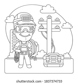 Cartoon utility worker outdoors with a cable reel on the shoulder. Coloring book page with profession character.