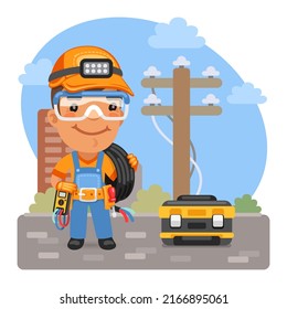 Cartoon utility worker outdoors with a cable reel on the shoulder. Composition with a professional. Flat male character.