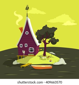 Cartoon vacation house on a small island in the middle of a lake, EPS 8 vector illustration, no transparencies