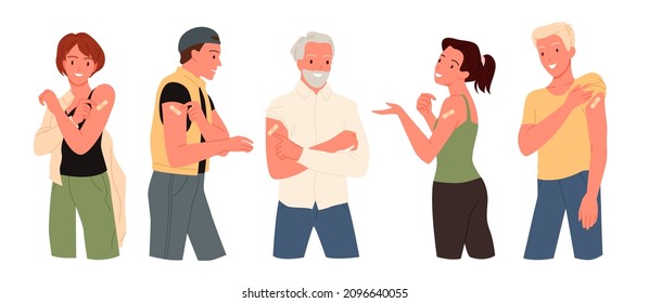 Cartoon vaccinated hppy woman, man and teen characters after inoculation with antivirus vaccine, adhesive plaster on hand. People showing arm with bandage after vaccination vector illustration set