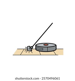 A cartoon of a vacuum cleaner on a wooden floor.