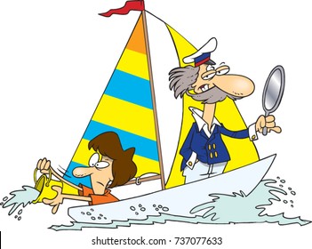 cartoon vain captain looking at himself in a mirror while a passenger bails water out of the sailboat they are in