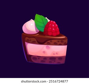 Cartoon valentine cake, candy sweets, confectionery. Vector delectable slice of chocolate cake with pink fruity filling, topped with a fresh raspberry and a mint leaf. Dessert food, sweet bakery treat