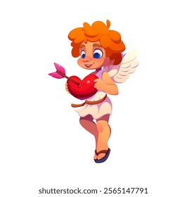 Cartoon valentine cherub and angel character holding a red heart pierced by a pink arrow. Vector cute and playful Amour embodies love, joy and romance for valentines day or romantic event celebrations