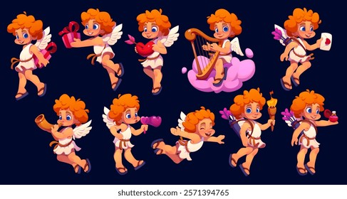 Cartoon valentine cherub and angel characters. Playful cute cupids with orange curls and white wings delivering gifts or rings, shooting arrows, playing harp or horn, holding hearts and spreading love