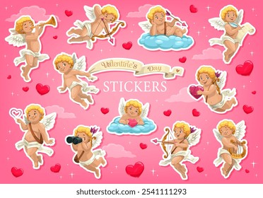 Cartoon valentine cherub cupid angels holiday stickers. Valentines day patches featuring angelic characters blowing pipe, playing harp, lying on clouds, shoot with a bow, holding heart, writing letter