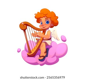 Cartoon valentine cherub and sweet angel character with orange curls and white wings playing a harp while sitting on a fluffy pink cloud, conveys serenity, and love playing romantic heavenly music