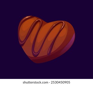 Cartoon valentine chocolate heart candy with a smooth, rich surface. Vector festive sweets and confectionery. with dark brown drizzle on top and enticing texture. Valentines day festive sweet treat