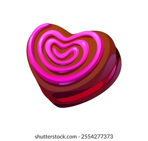 Cartoon valentine chocolate heart candy with pink icing and jam filling, love symbol. Heart shaped sweet confectionery dessert, delightful tasty treat for valentines day celebration and romantic event