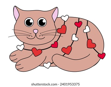 Cartoon Valentine day Cat character. Cute Kitten in garland with hearts. Vector flat illustration.