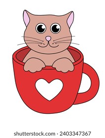 Cartoon Valentine day Cat character. Cute Kitten sit in cup. Vector flat illustration.