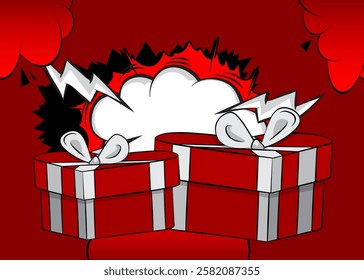 Cartoon Valentine day gift box, comic book Valentine's Day. Retro vector comics pop art design.