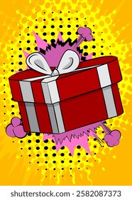 Cartoon Valentine day gift box, comic book Valentine's Day. Retro vector comics pop art design.