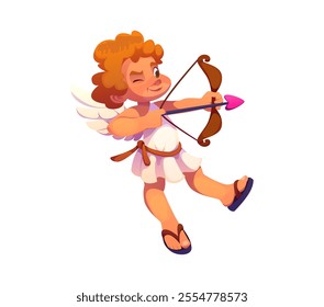 Cartoon valentine day holiday cherub, angel with curly hair, wings, and a playful wink, aiming a bow with a heart shaped arrow, symbolizing love and affection for valentines day celebrations