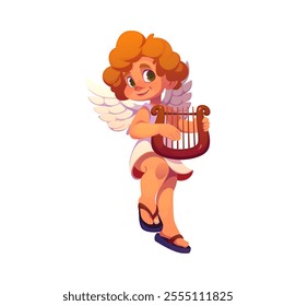 Cartoon valentine day holiday cherub playing a lyre. Isolated vector charming angel with wings and a harp creating romantic mood for holiday, capturing the essence of affection, love and celebration