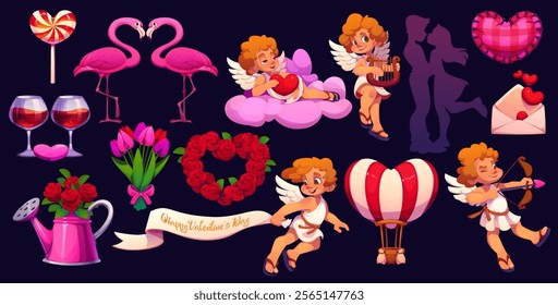 Cartoon valentine day holiday cherubs, angels and love symbols like hearts, wine glasses, hot air balloon, rose or tulip flowers, lollipop, flamingo and kissing couple convey romance and celebration