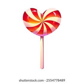 Cartoon Valentine day holiday heart pink candy lollypop, sweets and confectionery. Isolated vector romantic dessert treat, sugary food, shiny lollipop on a stick, with glossy surface and swirl stripes