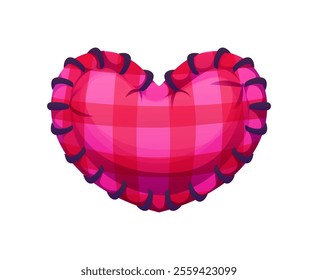 Cartoon valentine day holiday heart made of pink checkered fabric with stitches, symbolizing love and romance. Isolated vector soft diy handmade heart, playful gift or souvenir for romantic holiday