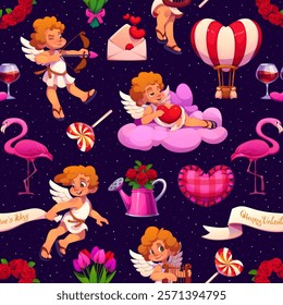 Cartoon valentine day holiday seamless pattern featuring charming cherubic cupids, hearts, flamingos, flowers, love letters, balloons and sweet treats against a dark starry background, radiates love