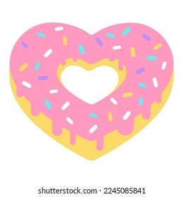 Cartoon Valentine Day icon donut heart of heart shape. Love symbol in the fashionable line art style. The sweet chocolate hearts are soft pink, red, and coral colors. Vector illustration isolated on