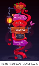 Cartoon Valentine day signage or love holiday sign board with wooden arrows, vector poster. Valentine Day signboard with direction signs and quotes, roses flowers and cupid arrow with heart petals