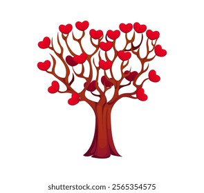 Cartoon valentine day tree with heart shaped red leaves symbolizes love, growth and connection with nature, romance and nurturing relationships. Vector whimsical love tree, symbol of wedding and life