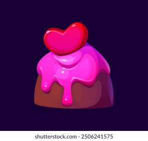 Corazón de San Valentín de dibujos animados y dulces de caramelo rosa, confitería. Caramelo de chocolate de Vector aislado cubierto con glaseado brillante rosa brillante y decoración de corazón azucarado rojo. Postre romántico del día de San Valentín