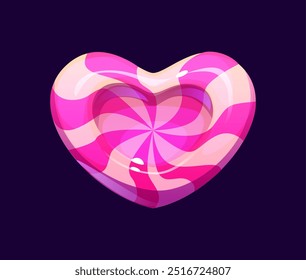 Cartoon valentine heart and pink candy sweets, lollypop and confectionery. Isolated vector glossy heart-shaped toffee with white and pink swirl pattern. Playful valentines day romantic treat dessert