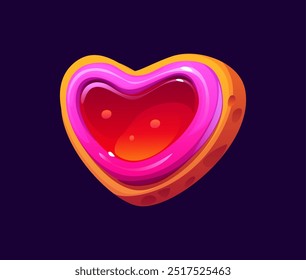 Cartoon valentine heart and pink candy sweets, lollypop and confectionery. Isolated vector vibrant, festive heart-shaped cookie dessert with glossy red jelly center, surrounded by a pink icing border