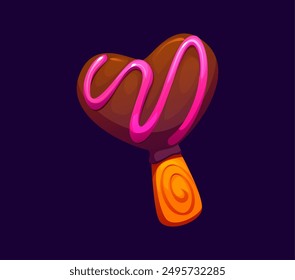 Cartoon valentine heart-shaped chocolate lollypop with pink icing drizzle and swirled wooden stick. Vector candy sweets and confectionery lollipop festive dessert, treat for Valentines Day celebration