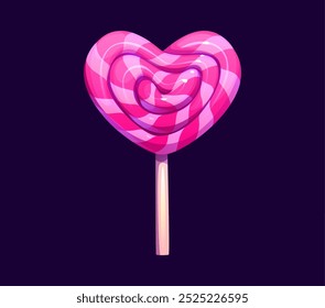 Cartoon valentine pink heart lollypop, candy sweets and confectionery. Isolated vector romantic dessert treat, shiny lollipop on a stick, with glossy surface and swirl stripes. Valentines sugary food