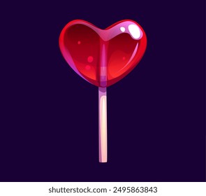 Caricatura de San Valentín corazón rojo ollypop, dulces de caramelo y dulces. Vector aislado de piruleta brillante en un palo, con superficie brillante. Comida azucarada, postre para el día de San Valentín, cita romántica