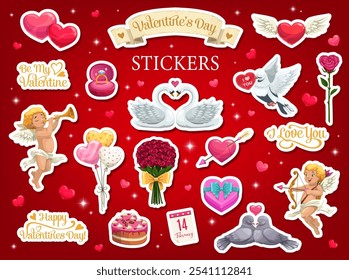 Cartoon valentine stickers. Vector set of Valentines day love patches. Hearts, swans, balloons and doves, cherubs, rose flower bouquet, gift box, cake or golden ring with calendar romantic symbols