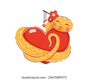 Cartoon valentines day Asian snake with love heart. Cute vector reptile, serpent snake with a floral accessory wraps around red heart, conveys warmth, passion and positivity for festive romantic event