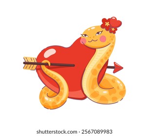 Cartoon valentines day Asian snake with love heart pierced by an arrow. Vector charming yellow reptile, serpent snake animal Adorned with floral decorations, combines love and playfulness and romance