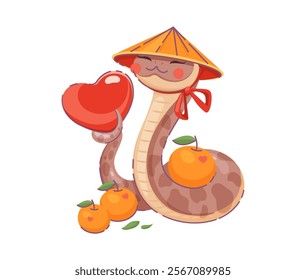 Cartoon valentines day Asian snake with love heart and mandarin fruits. Vector charming reptile with cheerful expression, wearing traditional conical hat evoke warmth, and prosperity for celebration