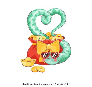 Cartoon valentines day Asian snake forms heart shape above red money sack filled with gold coins and ingots, adorned with a yellow bow. Vector playful Chinese reptile in heart sunglasses radiates fun