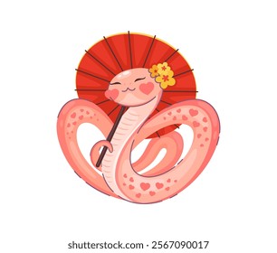 Cartoon valentines day Asian snake with heart shaped patterns holding a red Chinese parasol and adorned with a flower, exudes love and grace. Cute vector charming and romantic pink serpent or reptile